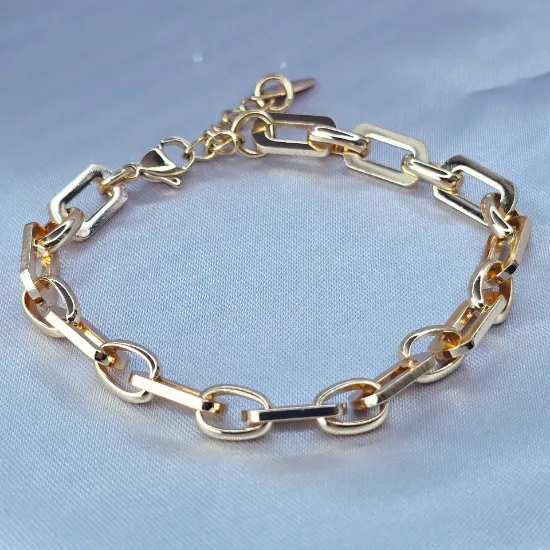 Imagen de Pulsera Tejido Rectángulos y Cículos Ovalados Oro Dorado Talla 2107